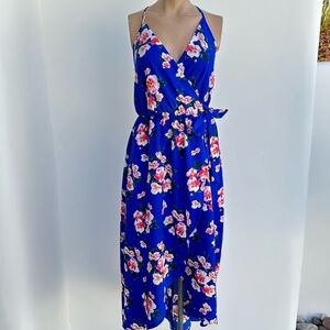 Floral Blue Faux Wrap Dress
